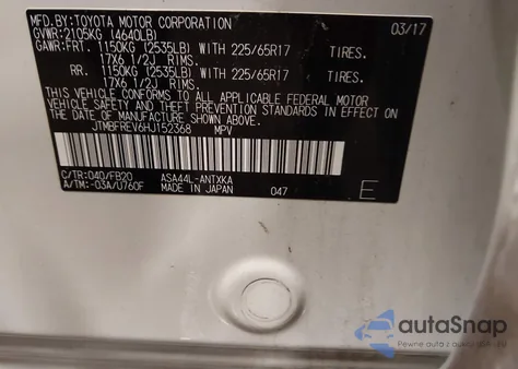 2017 Toyota Rav4 Le из США, поврежденный, VIN JTMBFREV6HJ152368